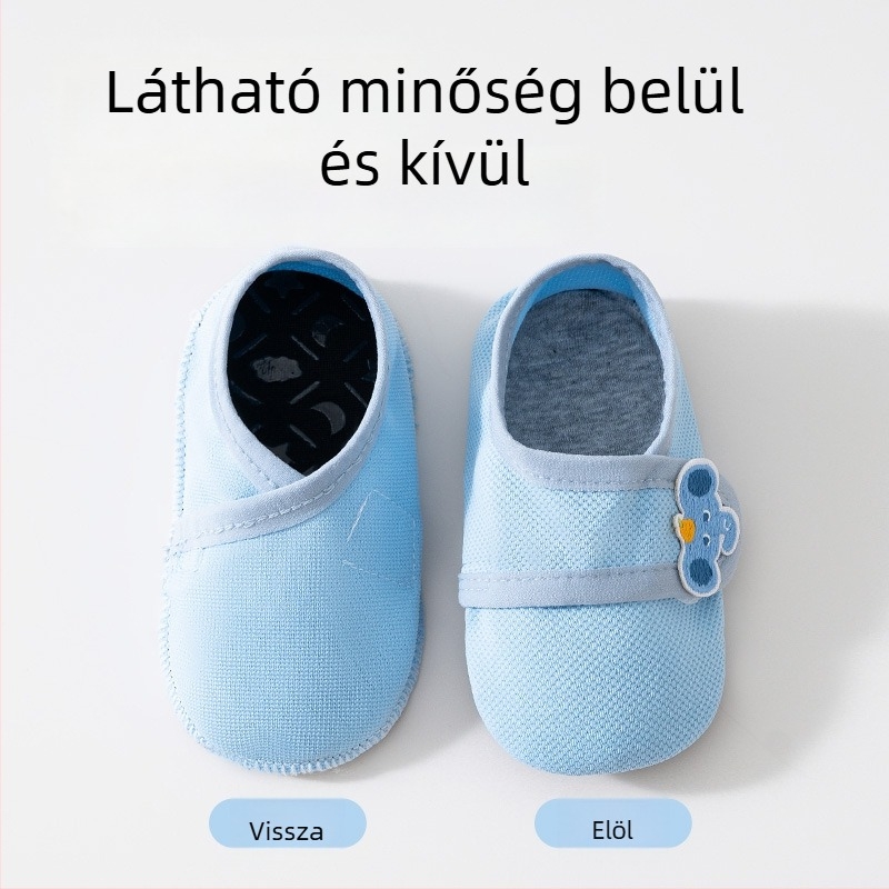 Csecsemő talpú zoknicipő 12–36 hónap, felső része pamut, légáteresztő, csúszásmentes, Velcro-zár, állat-minta, tavasz-ősz