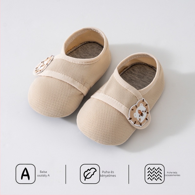 Csecsemő talpú zoknicipő 12–36 hónap, felső része pamut, légáteresztő, csúszásmentes, Velcro-zár, állat-minta, tavasz-ősz