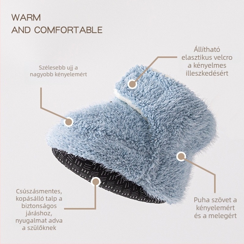 Uniszex babacipő csúszásmentes talppal, fleece bélés, magas felső rész, csat-zárás