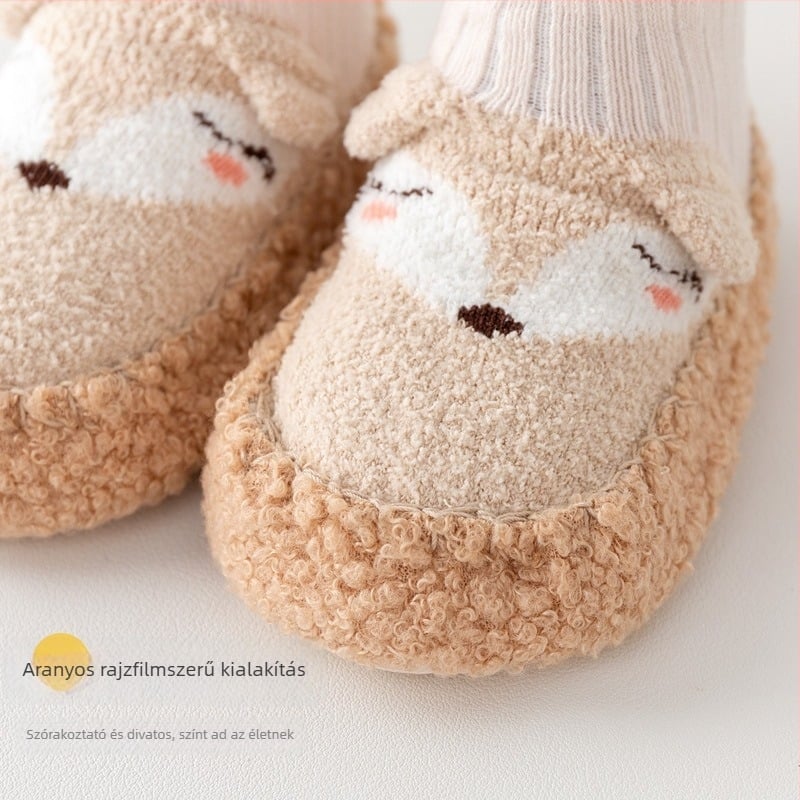 Téli bébi járócipő-zokni, csúszásmentes, vastag puha talppal, állatmintás, felső rész pamut és gyapjú, magas felső