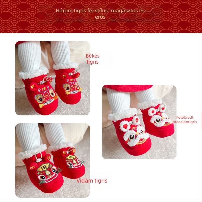 Tigrisfejű babacipő, ívelt orr, belső talp és bélés juhgyapjúból, elasztikus szalag a könnyű felhúzáshoz, tigrisfej mintás, csúszásmentes talp és melegen tart