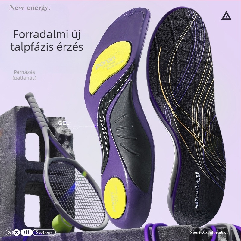 Uniszex sporttalpabetét ívtámogatással és Poron ütéscsillapítással — teljes hosszúságú talpbetét, modell 241116, anyagok PU+Poron+Gel+finom gyapjú velúr