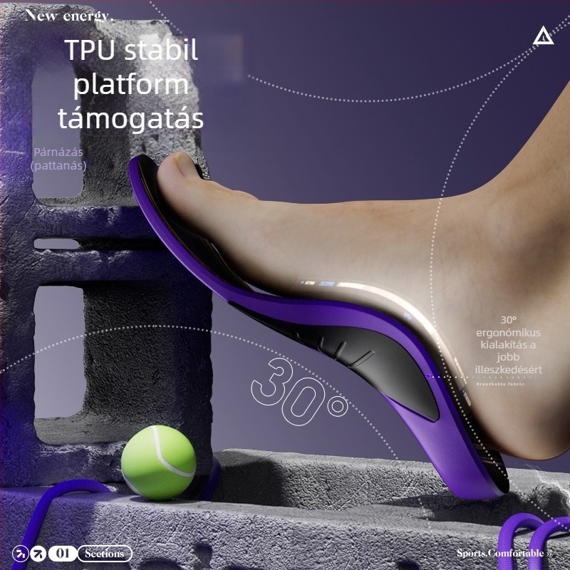 Uniszex sporttalpabetét ívtámogatással és Poron ütéscsillapítással — teljes hosszúságú talpbetét, modell 241116, anyagok PU+Poron+Gel+finom gyapjú velúr