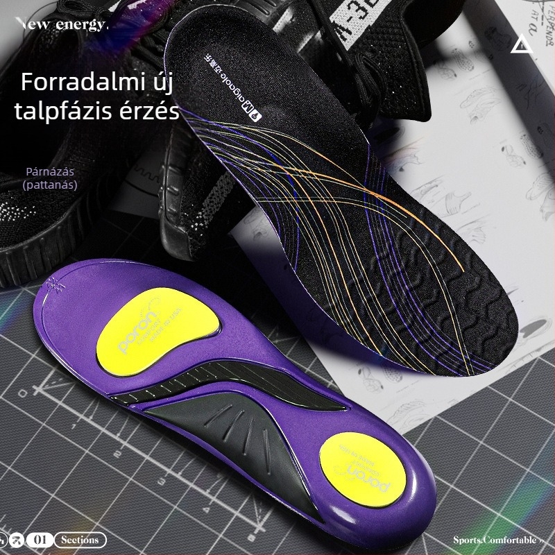 Uniszex sporttalpabetét ívtámogatással és Poron ütéscsillapítással — teljes hosszúságú talpbetét, modell 241116, anyagok PU+Poron+Gel+finom gyapjú velúr