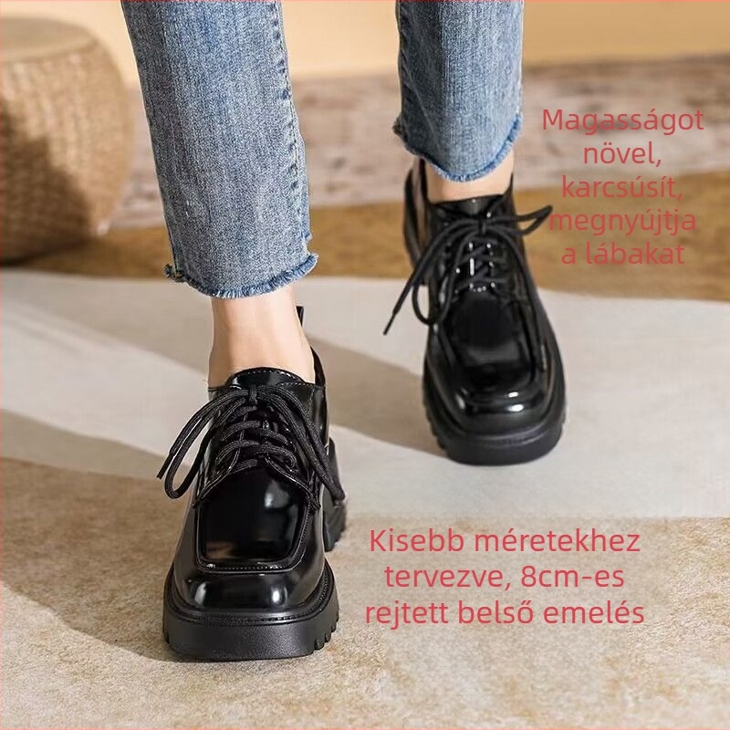 Női bőr loaferek rejtett emeléssel, 8 cm vastag talppal, tömör sarkú, kötős, négyszögletes orrú, kollégiumi stílusú