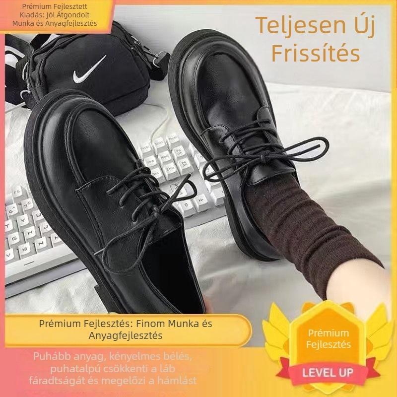 Női kis bőrcipő, kerek orr, pamut felsőrész, fűzővel záródó, vastag sarok, ősz