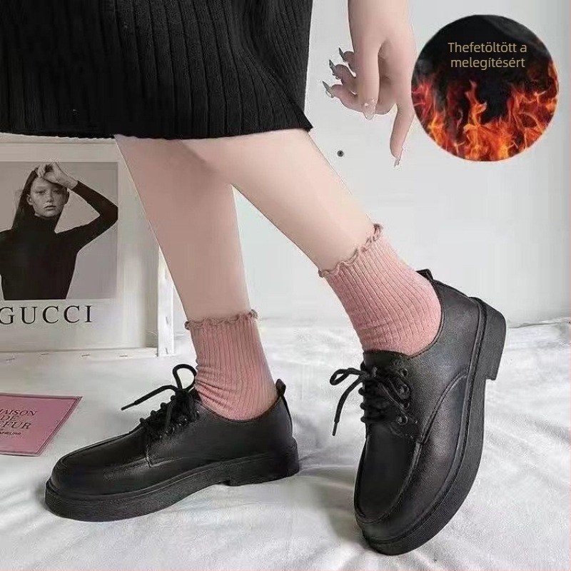 Női kis bőrcipő, kerek orr, pamut felsőrész, fűzővel záródó, vastag sarok, ősz