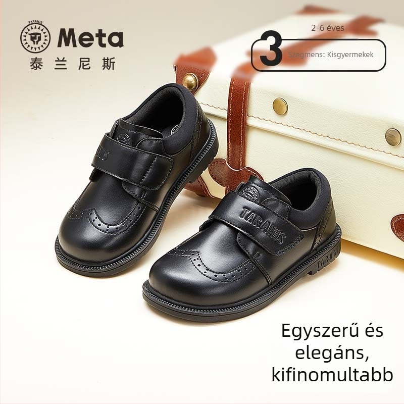 TARANIS Gyerekeknek készült bőrcipő, fekete, puha talp, Velcro, tavasz–ősz, brit stílus