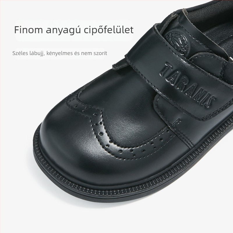 TARANIS Gyerekeknek készült bőrcipő, fekete, puha talp, Velcro, tavasz–ősz, brit stílus