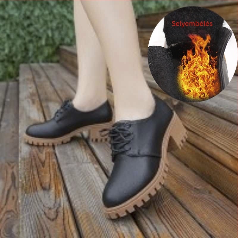 Női PU bőr cipő, kerek orrú, középmagas sarkú 3-5 cm, fűzőzárral