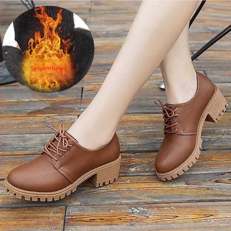 Női PU bőr cipő, kerek orrú, középmagas sarkú 3-5 cm, fűzőzárral