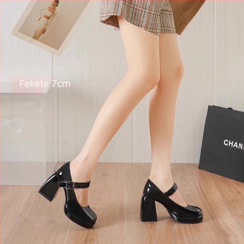 Bőr Mary Jane cipő, kerek orrú, 6–8 cm vastag sarok, gumitalp