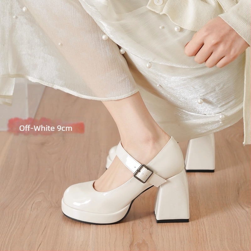 Bőr Mary Jane cipő, kerek orrú, 6–8 cm vastag sarok, gumitalp