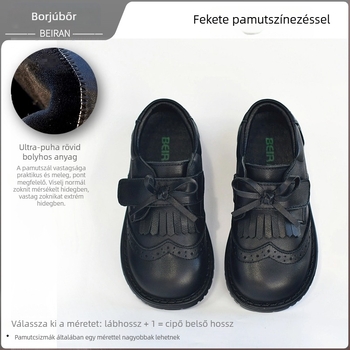 Gyermekek bőrből készült cipő: Felsőrész – első osztályú marhabőr; Talp – gumi; Zárás – Velcro; Belső anyag – háló; Stílus – édes akadémia