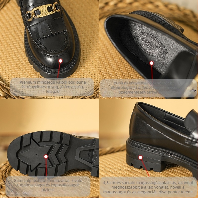 Női valódi bőrből készült loaferok — kerek orr, kétréteg marhabőrből készült felső rész, gumitalp, középmagas sarkú 3–6 cm, főiskolai stílus