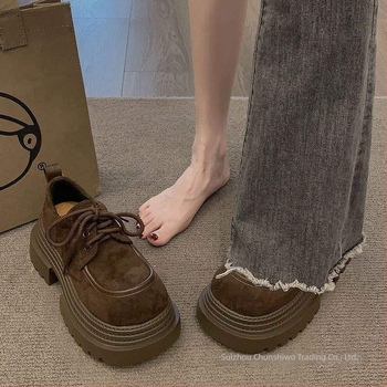 Nubukbőr loaferek | koreai stílus, casual | vastag 6–8 cm sarkú, gumírozott talp, latex talpbetét