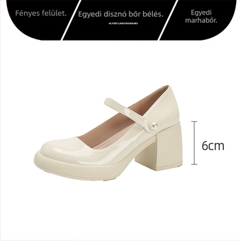 Női Mary Jane cipő valódi bőrből, 6–8 cm vastag sarok, kerek orr, Velcro-zárás