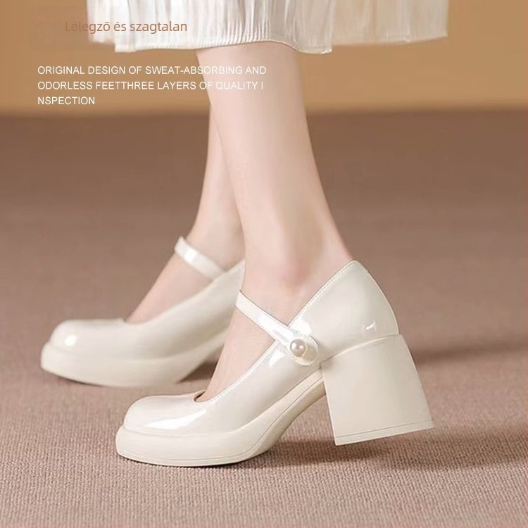 Női Mary Jane cipő valódi bőrből, 6–8 cm vastag sarok, kerek orr, Velcro-zárás