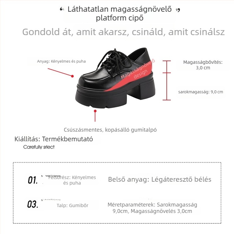 Vastag talpú loaferek, kerek orr, belső magasságnövelés 12 cm, női bőr cipő fleece béléssel, fűzővel, egyetemi-stílusú retro