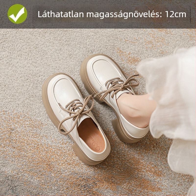 Vastag talpú loaferek, kerek orr, belső magasságnövelés 12 cm, női bőr cipő fleece béléssel, fűzővel, egyetemi-stílusú retro
