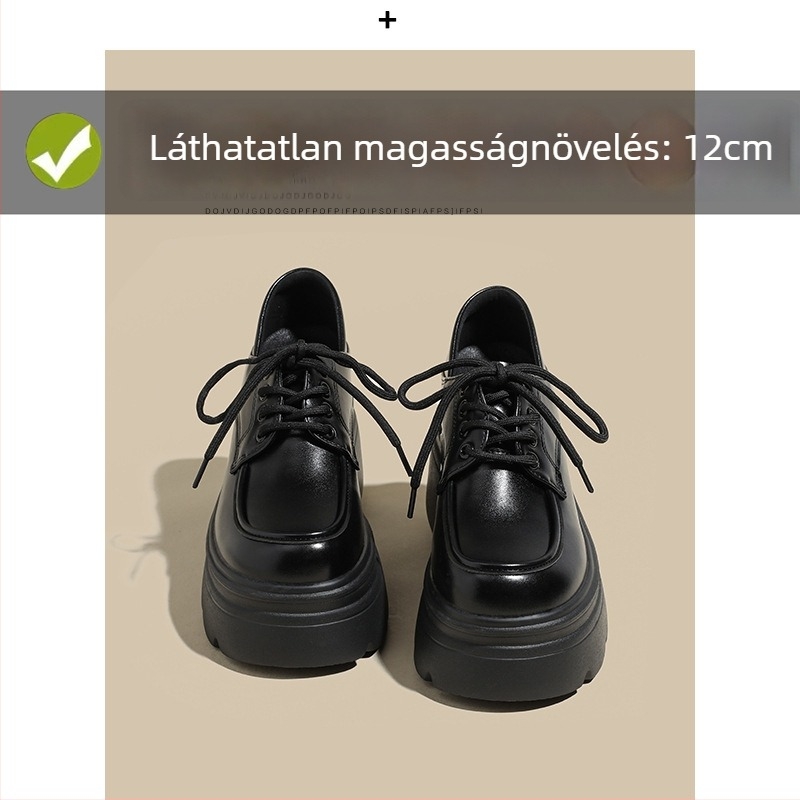 Vastag talpú loaferek, kerek orr, belső magasságnövelés 12 cm, női bőr cipő fleece béléssel, fűzővel, egyetemi-stílusú retro