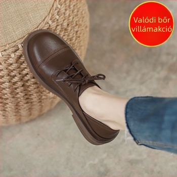 Női brit stílusú split bőrből készült lapos cipő, vastag talppal, vintage kollégiumi stílus