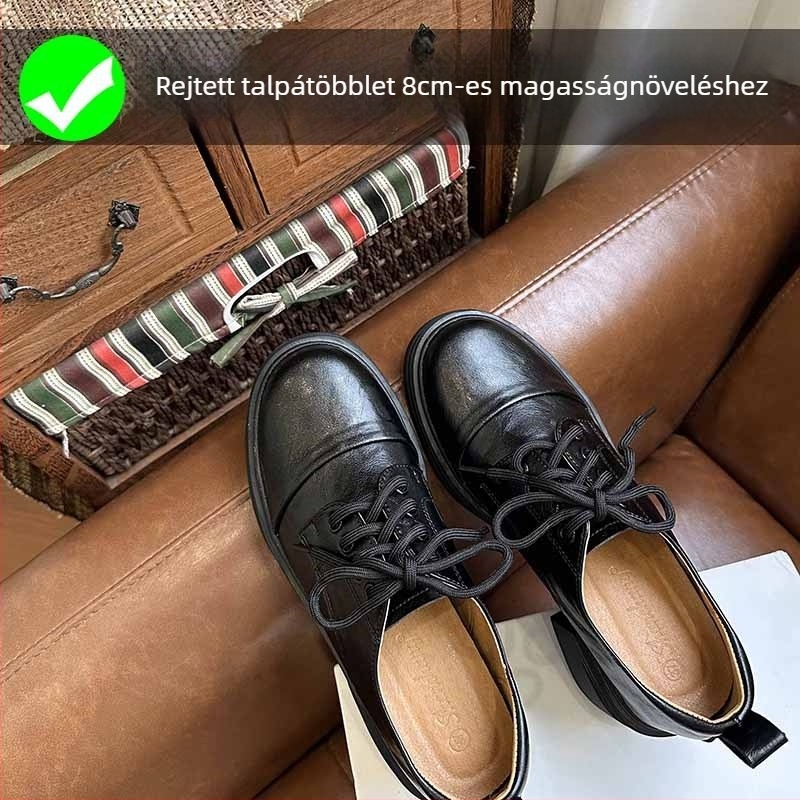 Magasságot növelő loafer, kerek orr, fűzős, 6-8 cm sarok, gumírozott talp
