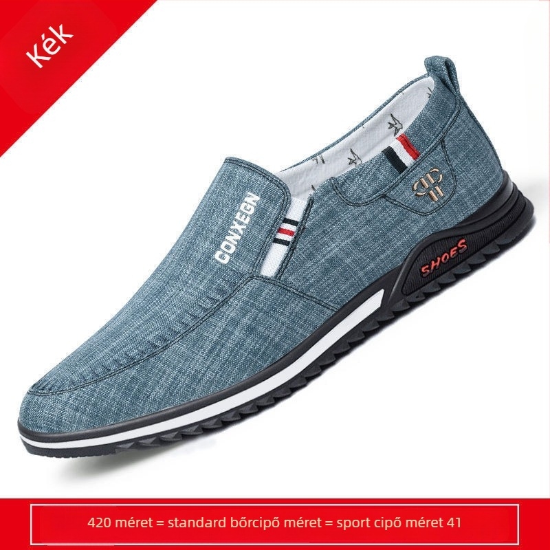Loaferek – légáteresztő vászonból, kerek orrú, lapos sarok, slip-on elöl pánttal, textil belső