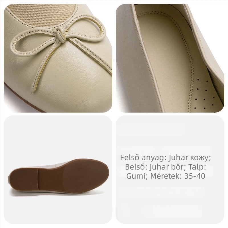 Báránybőrös női balerina cipő masnival, kerek orr, alacsony sarok 1–3 cm, gumírozott talp, belső báránybőr