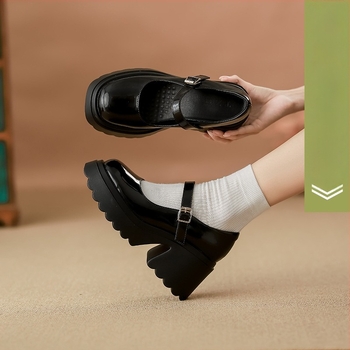 Mary Jane cipők nőknek, vastag sarok 6–8 cm, kerek orr, felső: borjúbőr, Velcro-zárás, PU talp