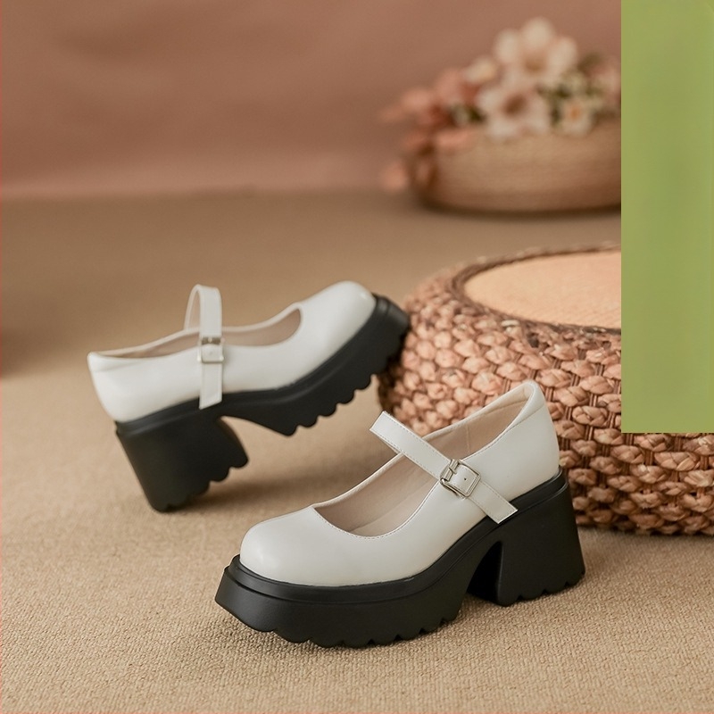 Mary Jane cipők nőknek, vastag sarok 6–8 cm, kerek orr, felső: borjúbőr, Velcro-zárás, PU talp