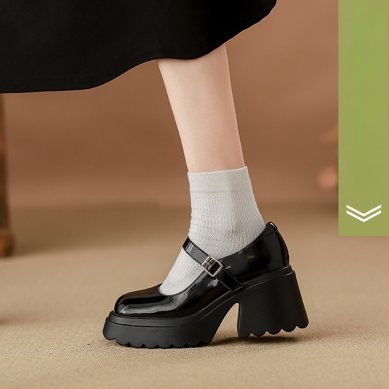 Mary Jane cipők nőknek, vastag sarok 6–8 cm, kerek orr, felső: borjúbőr, Velcro-zárás, PU talp