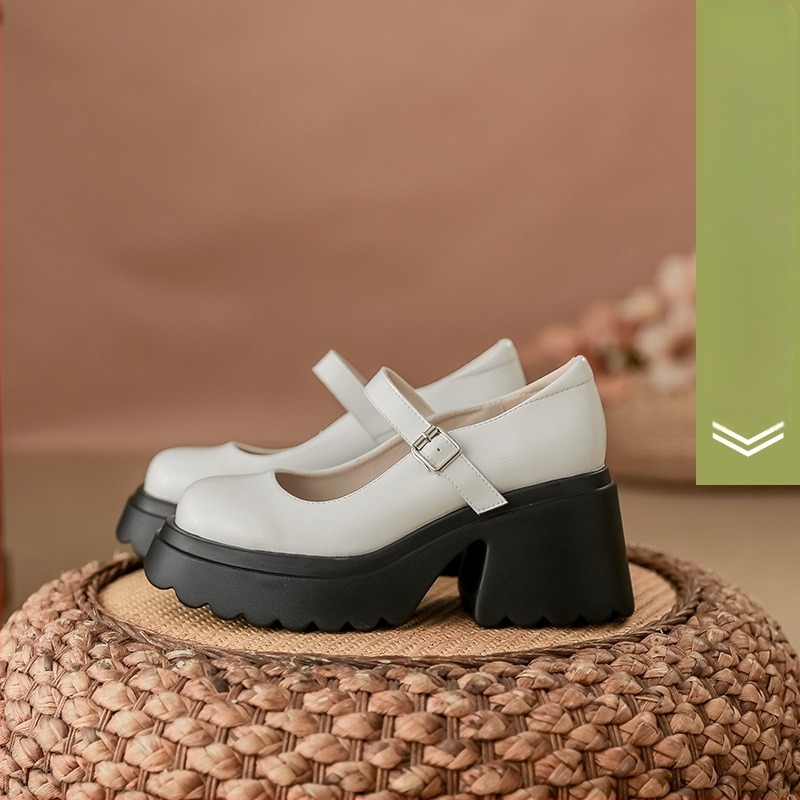 Mary Jane cipők nőknek, vastag sarok 6–8 cm, kerek orr, felső: borjúbőr, Velcro-zárás, PU talp