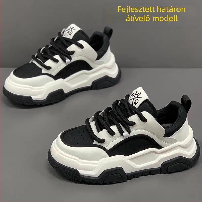 Férfi platform cipő, PU felsőrész, gumi talp, alacsony vastag sarkú 1–3 cm, koreai stílusú kültéri casual