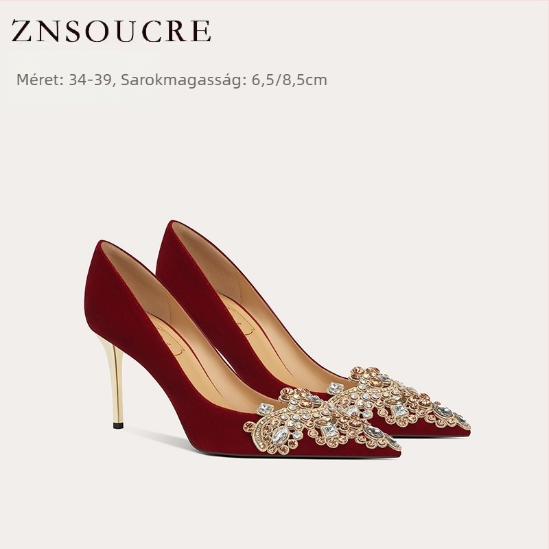 Esküvői bankett cipő – hegyes orr, nubuk felső rész, 6–8 cm magas stiletto sarok, talp báránybőr