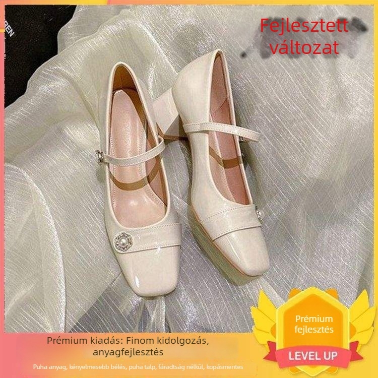 Mary Jane lapos cipő, Microfiber bőr felső, alacsony macska sarok, egyrészes csattal