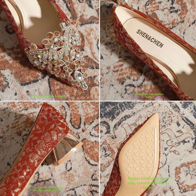 Női esküvői cipő – szatén felsőrész, hegyes orr, sarokmagasság több mint 8 cm, vastag sarok, TPU talp