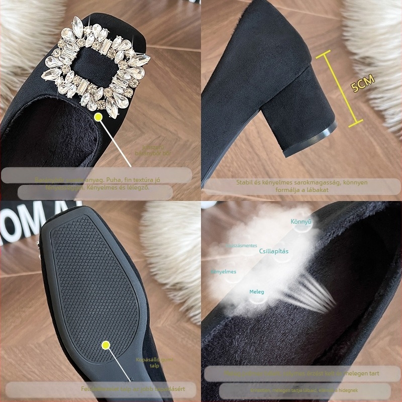 Női magas sarkú cipő négyzetes orrú, vastag sarok 3–6 cm, velúr felsőrész, fleece bélés, gumitalp