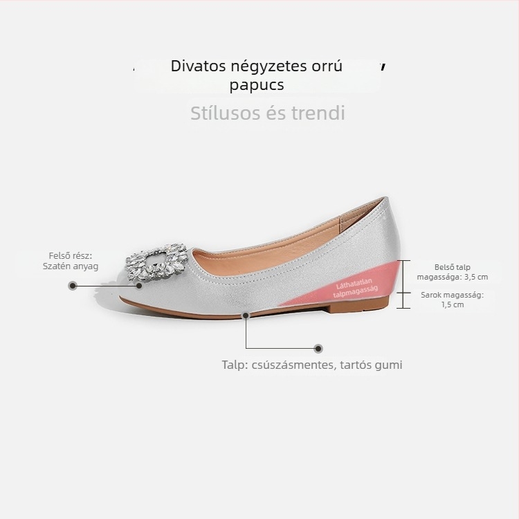 Női szatén lapos talpú cipő strasszos négyzet alakú csattal, beépített magasságnövelővel, alacsony sarok 1–3 cm