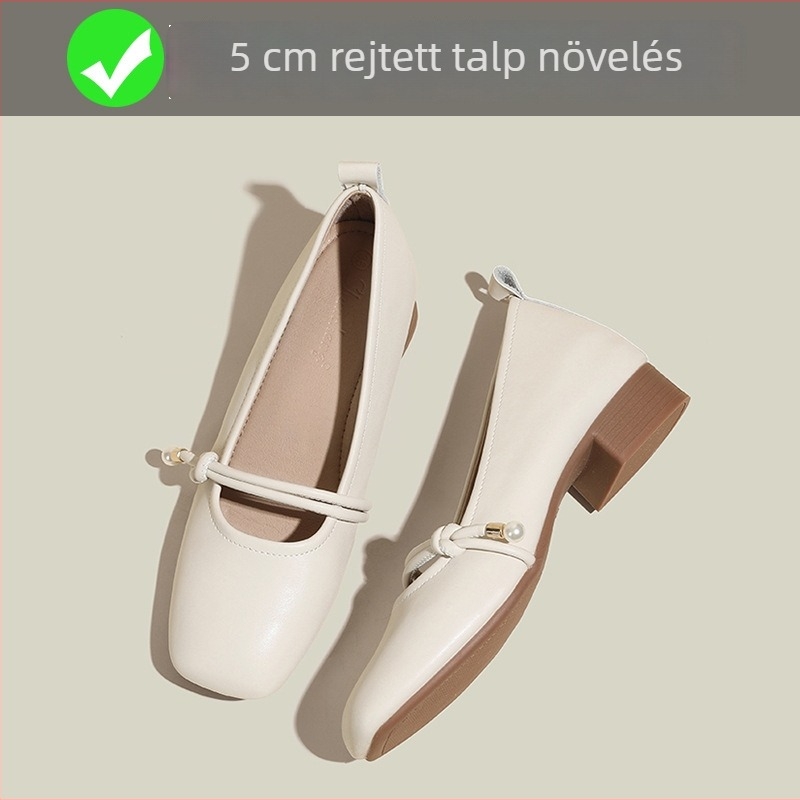 Mary Jane cipők beépített 6 cm-es magassággal, négyszögletes orr, mikroszálas felsőrész, koreai stílus, középmagas sarok 3-5 cm
