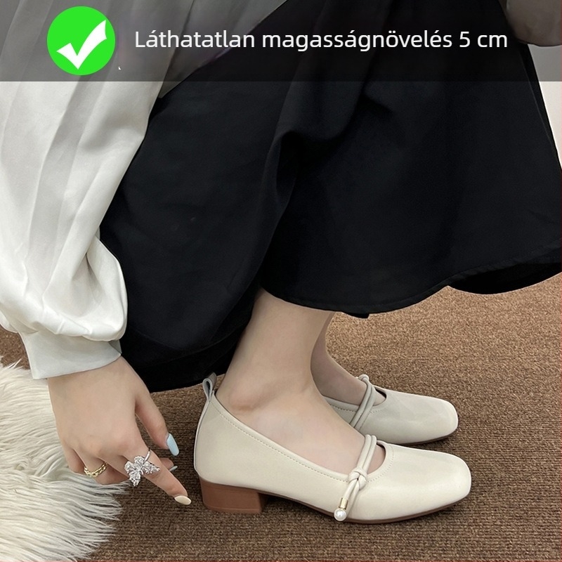 Mary Jane cipők beépített 6 cm-es magassággal, négyszögletes orr, mikroszálas felsőrész, koreai stílus, középmagas sarok 3-5 cm