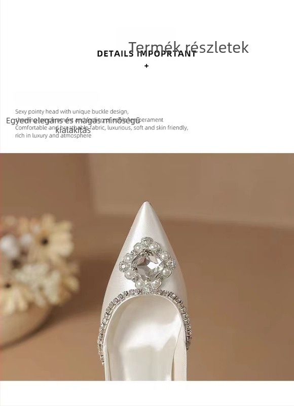 Női magas sarkú cipő - hegyes orr, szatén felsőrész, stiletto sarkú, sarokmagasság 6-8 cm, mikroszálas bélés.