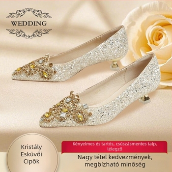 Női esküvői cipő, hegyes orrú, felső része hálószövet, 6–8 cm magas sarkú, vékony sarok, PU belső talp