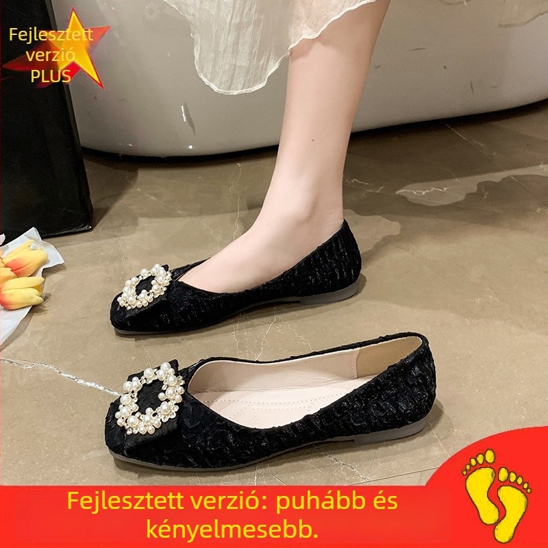 Lapos cipő puha talppal, csúszásmentes, slip-on, satin felsőrész, négyzetes orr