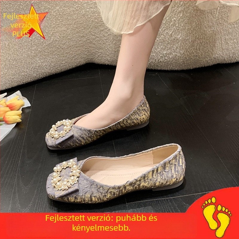 Lapos cipő puha talppal, csúszásmentes, slip-on, satin felsőrész, négyzetes orr