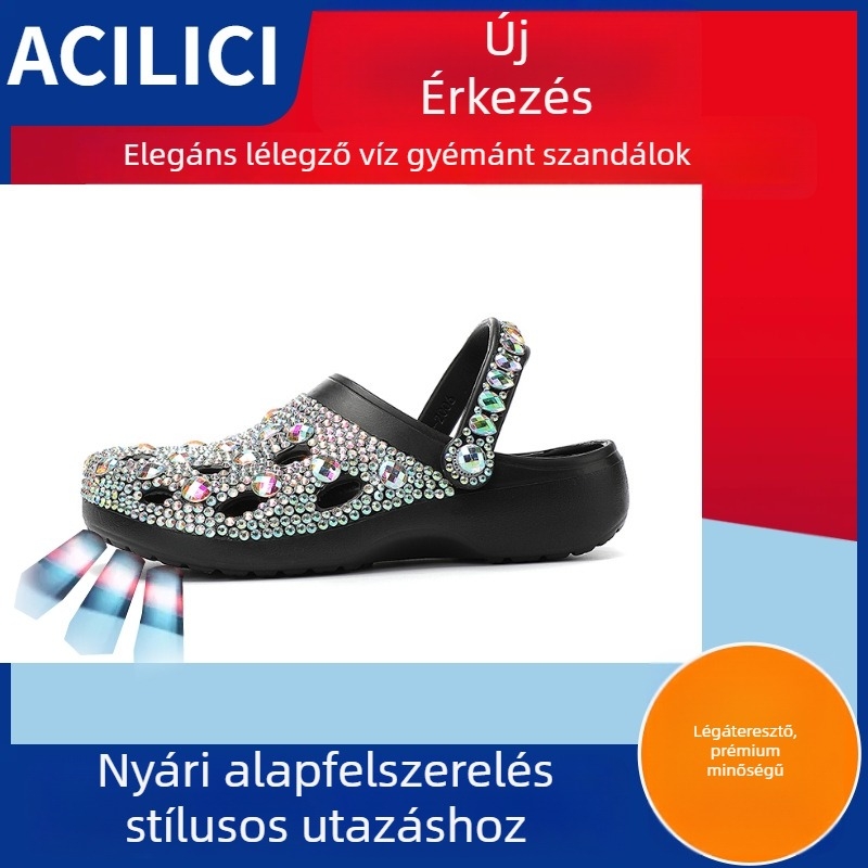 Női rhinestone mintás lyukasztott szandál, vastag EVA talppal, 1–2 cm, vízálló és csúszásmentes, injektált talppal