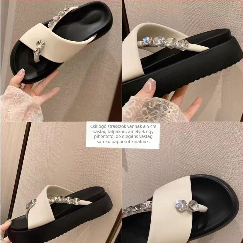 Satin plázs szandál rhinestone ujj-klippel, vastag PU talppal, női nyári kényelmes szandál