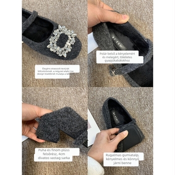 Mary Jane cipők négyszögletes orrú, gyapjú felsőrész, rövid plüss bélés, vastag sarka 3–6 cm