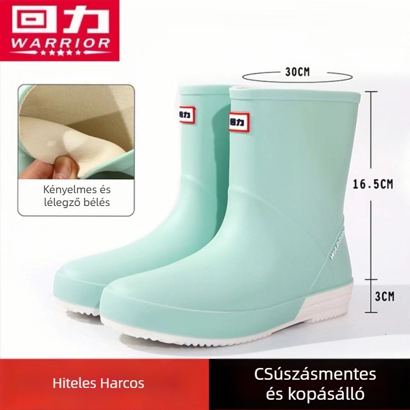 Női esőcsizma, PVC felsőrész, középmagas csizma, vastagított talp, alacsony sarok 1-3 cm, négy évszakos használatra.
