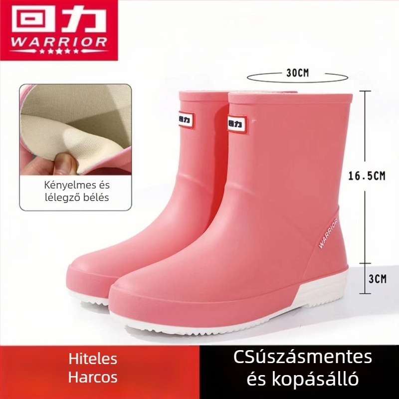Női esőcsizma, PVC felsőrész, középmagas csizma, vastagított talp, alacsony sarok 1-3 cm, négy évszakos használatra.